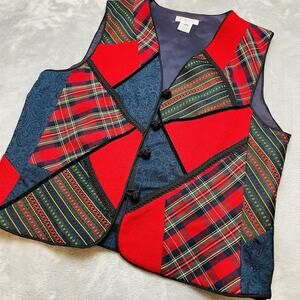 Vintage Talbots Womens Patchwork Vest Sz 10 Red Plaid Wool Blend Preppy Academia